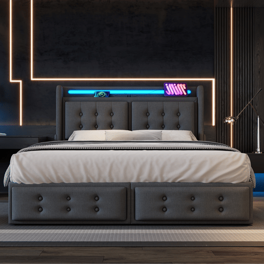 Cama estofada 140x200 - Cabeceira LED com função de carregamento USB C, 4 gavetas, estrutura de madeira e metal, capacidade de carga 300 kg - Cinza