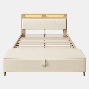 Cama de casal 140x200 cm - Cabeceira com arrumação, iluminação LED, encosto com cordão bege, com banco de arrumação - Carvalho claro
