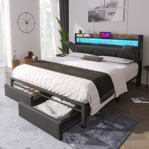 Cama de casal 140x200cm - Cabeceira com arrumação, função de carregamento USB Tipo C, iluminação LED e 4 gavetas - Cinza