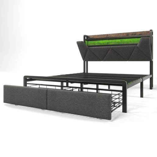 Cama de casal 140x200cm - Cabeceira com arrumação, função de carregamento USB Tipo C, iluminação LED e 4 gavetas - Cinza