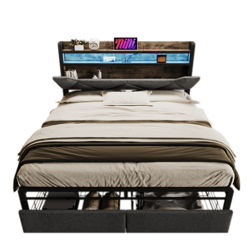 Cama de casal 140x200cm - Cabeceira com arrumação, função de carregamento USB Tipo C, iluminação LED e 4 gavetas - Cinza