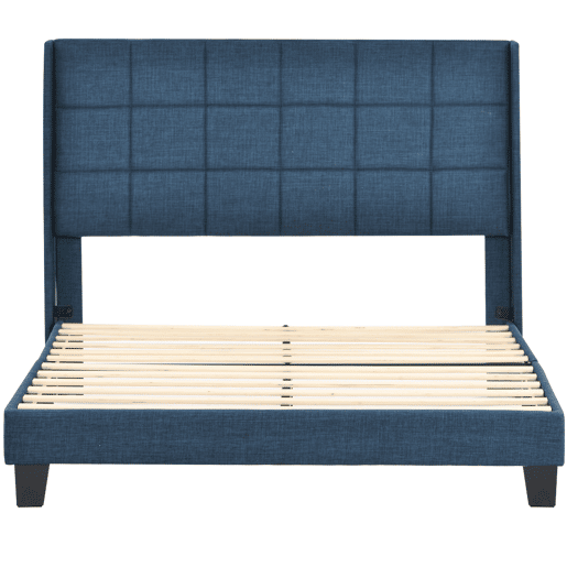 Cama Polsterbett 140x200cm - Com cabeceira acolchoada, com estrado, de linho azul, firmeza média - Azul