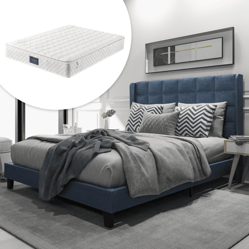 Cama Polsterbett 140x200cm - Com cabeceira acolchoada, com estrado, de linho azul, firmeza média - Azul