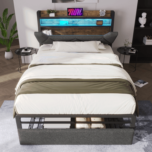Cama individual 90x200 cm - Cama com função de carregamento USB Tipo C, cabeceira com arrumação, iluminação LED e gavetas - Cinza