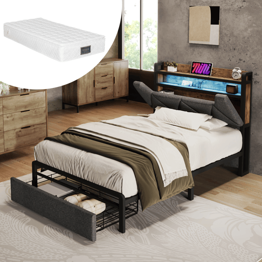 Cama individual 90x200 cm - Cama com função de carregamento USB Tipo C, cabeceira com arrumação, iluminação LED e gavetas - Cinza