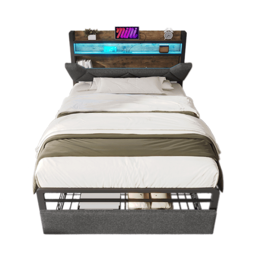 Cama individual 90x200 cm - Cama com função de carregamento USB Tipo C, cabeceira com arrumação, iluminação LED e gavetas - Cinza