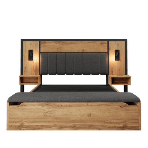 Cama de casal 180x200 - Cama estofada com candeeiro de leitura, mesa de cabeceira com USB C e banco com arrumação - Carvalho