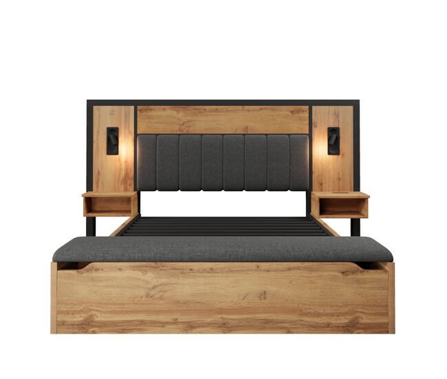 Cama doble 180x200 - cama tapizada con lámpara de lectura, mesita de noche con usb c y banco con almacenamiento - roble