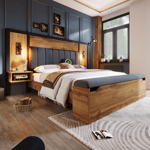 Cama de casal 180x200 - Cama estofada com candeeiro de leitura, mesa de cabeceira com USB C e banco com arrumação - Carvalho