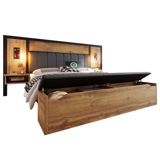 Cama de casal 180x200 - Cama estofada com candeeiro de leitura, mesa de cabeceira com USB C e banco com arrumação - Carvalho
