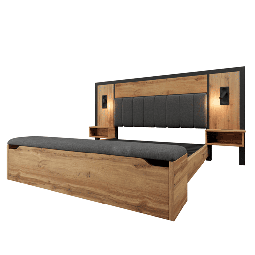 Cama de casal 180x200 - Cama estofada com candeeiro de leitura, mesa de cabeceira com USB C e banco com arrumação - Carvalho
