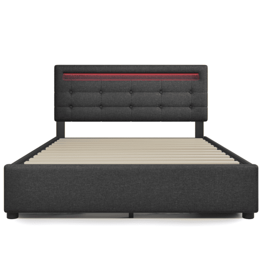 Cama estofada 140x200 cm - Com LED, 4 gavetas, cabeceira ajustável, estrado de madeira - Cinza