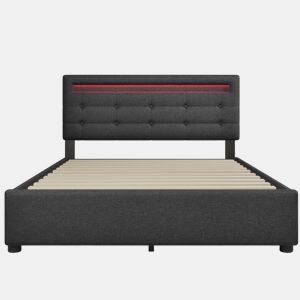 Cama estofada 140x200 cm - Com LED, 4 gavetas, cabeceira ajustável, estrado de madeira - Cinza