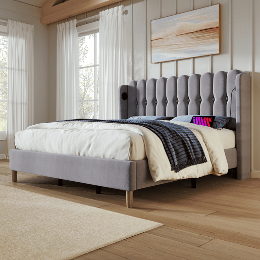 Cama de casal 160x200 cm - com USB Tipo C, cabeceira ajustável, estrutura de madeira, cinzenta