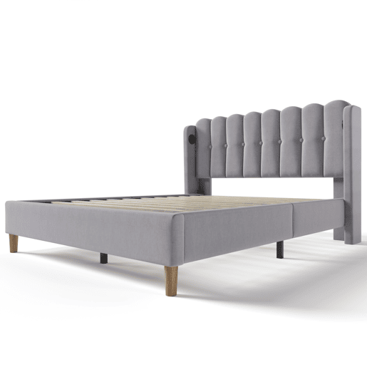 Cama de casal 160x200 cm - com USB Tipo C, cabeceira ajustável, estrutura de madeira, cinzenta