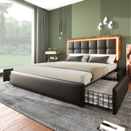 Cama estofada 140x200 - Cabeceira ajustável, 4 gavetas, iluminação LED - Preto