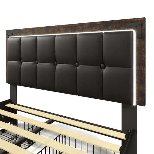 Cama estofada 140x200 - Cabeceira ajustável, 4 gavetas, iluminação LED - Preto