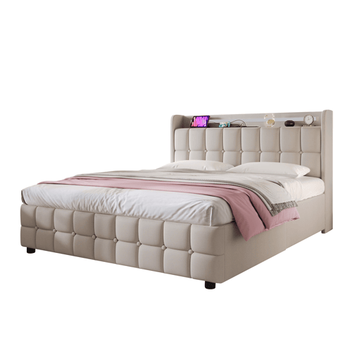 Cama estofada 180x200 cm - Função de carregamento USB, cabeceira com iluminação LED e 4 gavetas - Bege