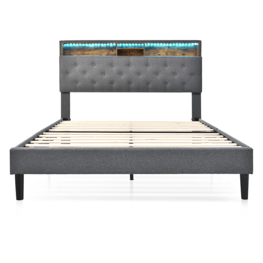Cama de casal estofada 140x200 - com arrumação, cabeceira e luz LED, estrado de madeira - Cinza