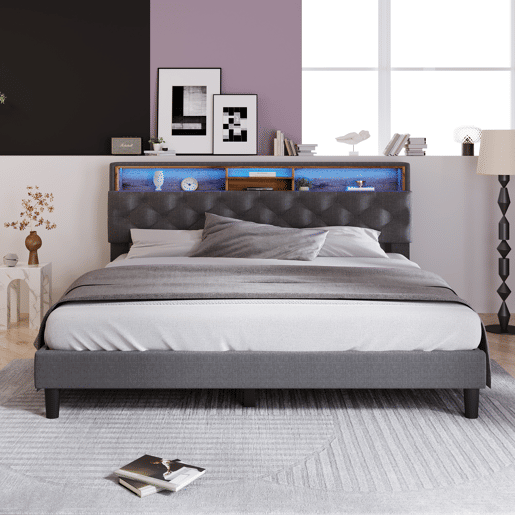 Cama de casal estofada 140x200 - com arrumação, cabeceira e luz LED, estrado de madeira - Cinza