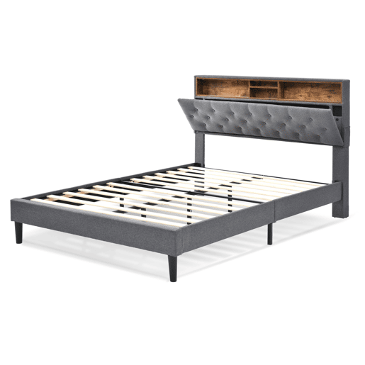 Cama de casal estofada 140x200 - com arrumação, cabeceira e luz LED, estrado de madeira - Cinza