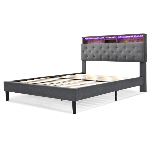 Cama de casal estofada 140x200 - com arrumação, cabeceira e luz LED, estrado de madeira - Cinza