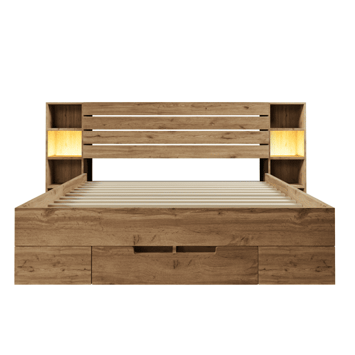 Cama de casal 160x200 - Cama de madeira maciça com arrumação, cabeceira com iluminação LED e USB C, com estrado de madeira, carvalho (com colchão)