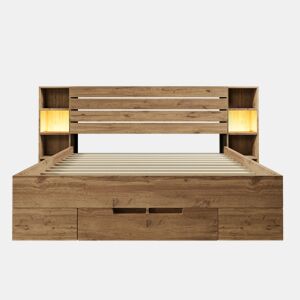 Cama de casal 160x200 - Cama de madeira maciça com arrumação, cabeceira com iluminação LED e USB C, com estrado de madeira, carvalho (com colchão)