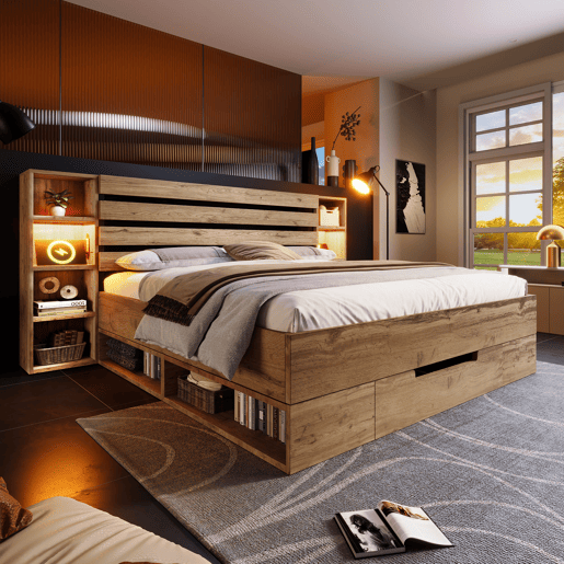 Cama de casal 160x200 - Cama de madeira maciça com arrumação, cabeceira com iluminação LED e USB C, com estrado de madeira, carvalho (com colchão)