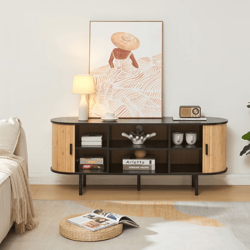 Mesa de TV Tvedestrand com 2 portas 140 x 40 x 55 cm bambu Natural Preto en.casa