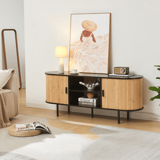 Mesa de TV Tvedestrand com 2 portas 140 x 40 x 55 cm bambu Natural Preto en.casa