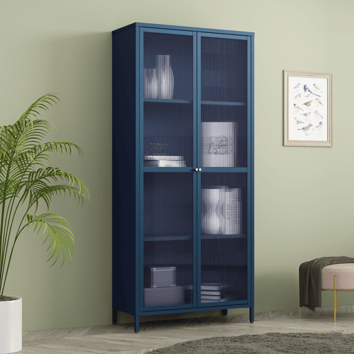 Vitrina Säkylä 2 portas aço 180x80x35 cm Azul marinho en.casa