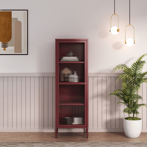 Vitrina Säkylä 1 porta aço 150x50x35 cm Vermelho bordeaux en.casa