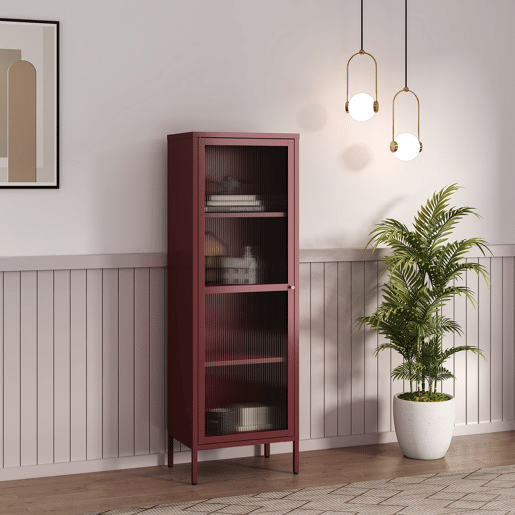 Vitrina Säkylä 1 porta aço 150x50x35 cm Vermelho bordeaux en.casa