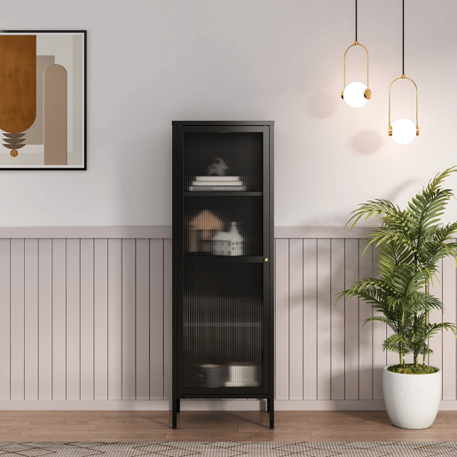 Vitrina Säkylä 1 porta aço 150x50x35 cm Preto en.casa