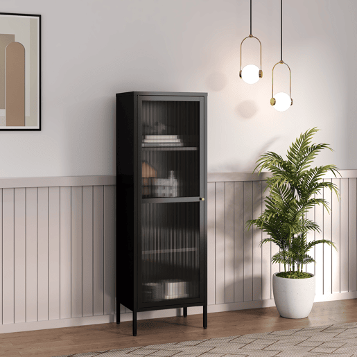 Vitrina Säkylä 1 porta aço 150x50x35 cm Preto en.casa