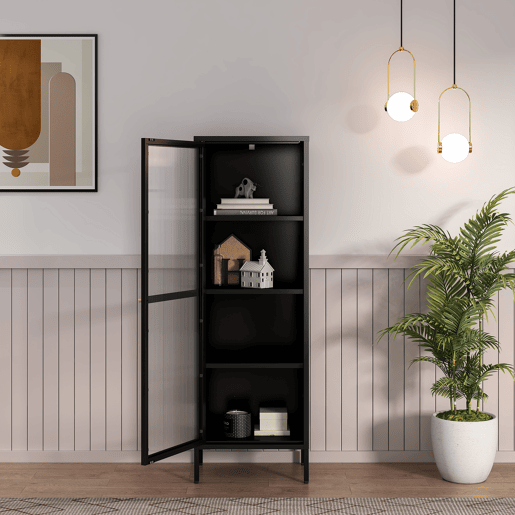 Vitrina Säkylä 1 porta aço 150x50x35 cm Preto en.casa