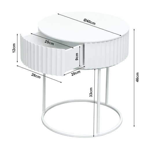 Mesa de apoio Rill redonda com gaveta 46xØ40 cm Branco en.casa