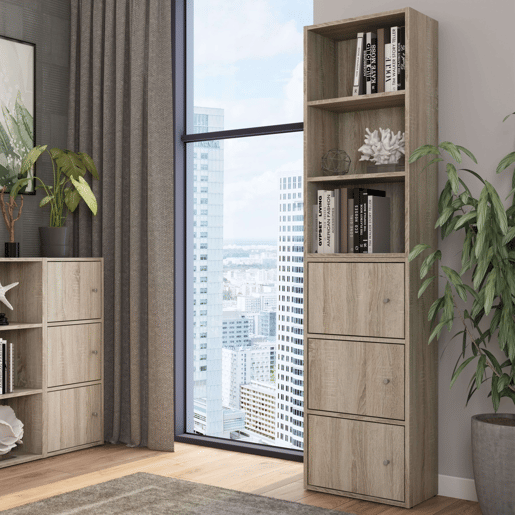 Armário multifuncional Plea Sonoma Oak com 3 portas, móvel de armazenamento para sala de estar, 42x92x29 cm Armário multifuncional Plea Sonoma Oak com 3 portas, móvel de armazenamento para sala de estar, 42x92x29 cm