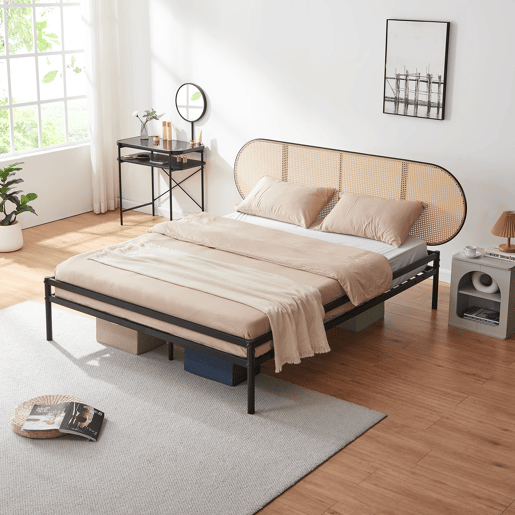 Cama metálica Linköping com cabeceira ovalada 160x200cm Preto  Efeito rattan en.casa