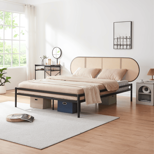 Cama metálica Linköping com cabeceira ovalada 160x200cm Preto  Efeito rattan en.casa