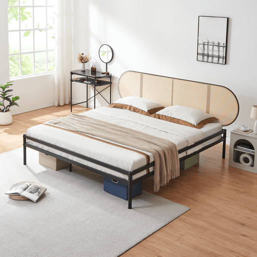 Cama metálica Linköping com cabeceira ovalada 180x200cm Preto  Efeito rattan en.casa