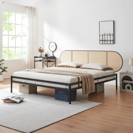 Cama metálica Linköping com cabeceira ovalada 180x200cm Preto  Efeito rattan en.casa