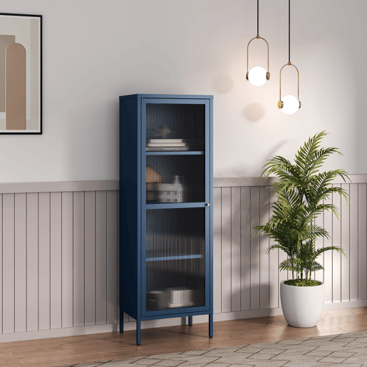Vitrina Säkylä 1 porta aço 150x50x35 cm Azul en.casa