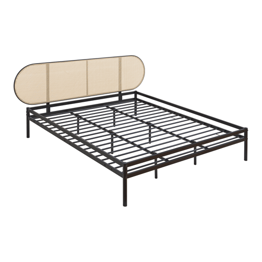 Cama metálica Linköping com cabeceira ovalada + colchão 180x200cm Preto  Efeito rattan en.casa