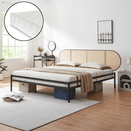 Cama metálica Linköping com cabeceira ovalada + colchão 180x200cm Preto  Efeito rattan en.casa