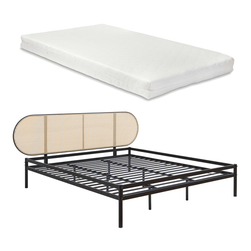 Cama metálica Linköping com cabeceira ovalada + colchão 180x200cm Preto  Efeito rattan en.casa