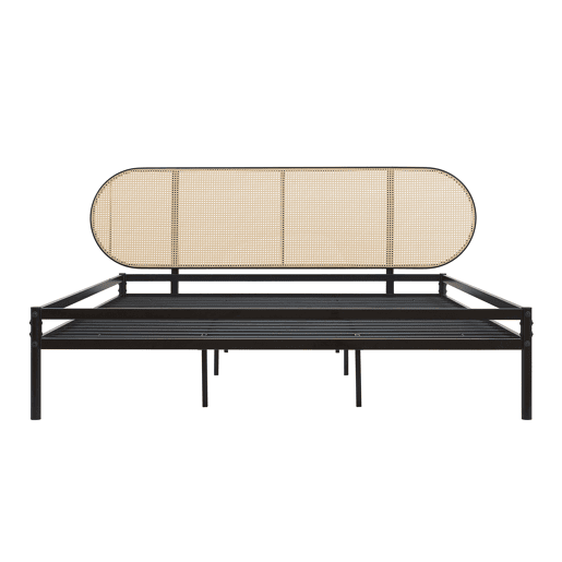 Cama metálica Linköping com cabeceira ovalada + colchão 180x200cm Preto  Efeito rattan en.casa