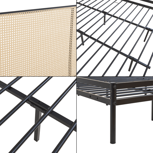 Cama metálica Linköping com cabeceira ovalada + colchão 180x200cm Preto  Efeito rattan en.casa