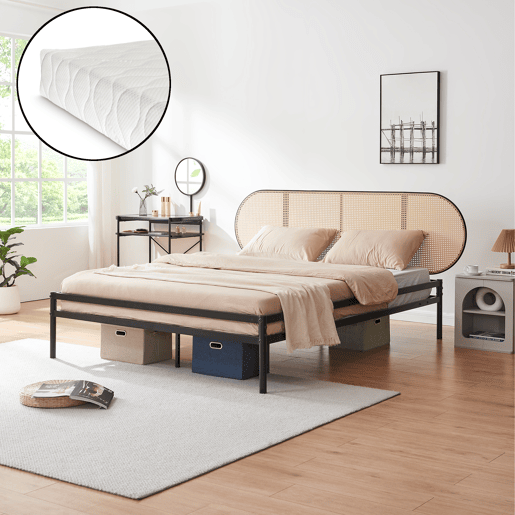 Cama metálica Linköping com cabeceira ovalada + colchão 160x200cm Preto  Efeito rattan en.casa